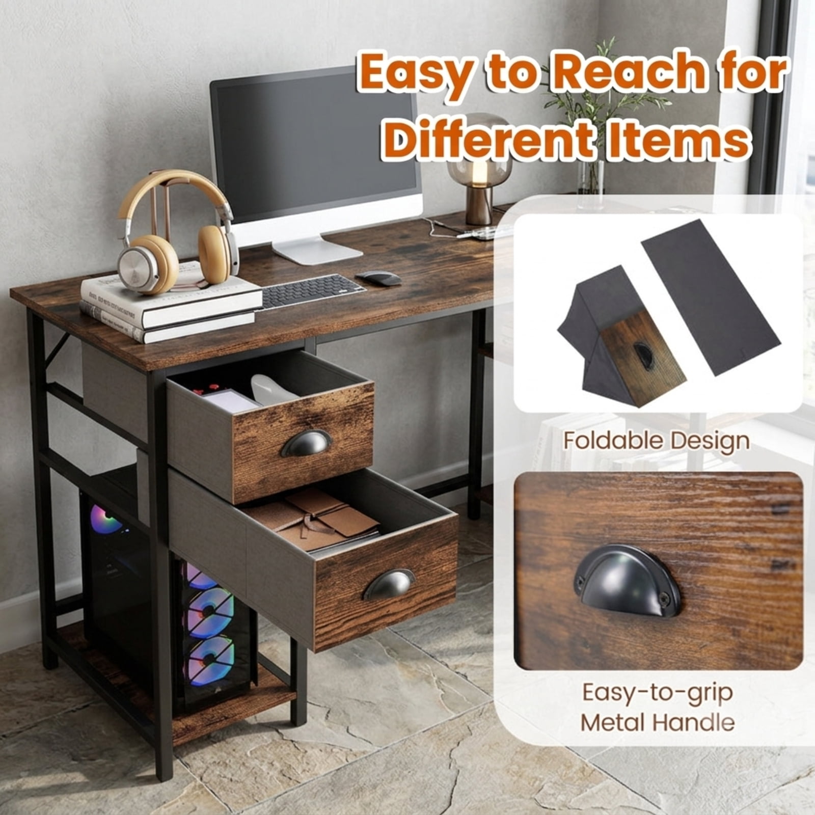 Furnibear L Shaped Desk with Charging Station, Corner Computer Desk with 2 Fabric Drawers Open Shelves and Metal Frame for Home Office, Rustic Brown