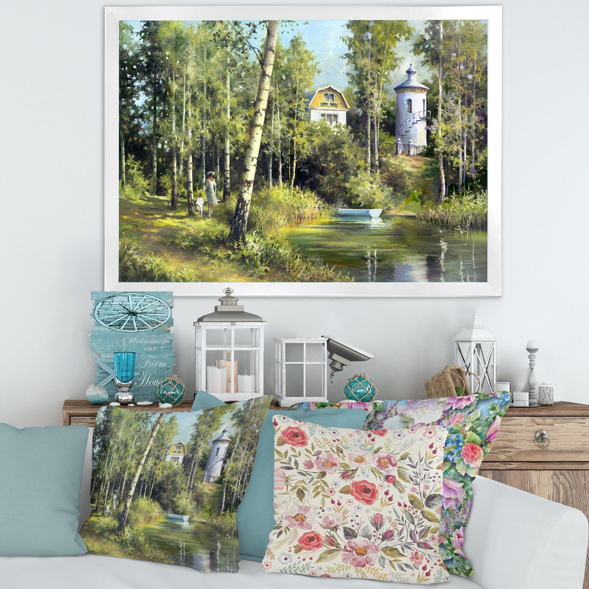Designart 'The Wood River With Boat On A Decline By The Castle' Lake House Framed Art Print