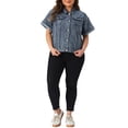 thumbnail image 2 of Agnes Orinda Women's Plus Size Button Front Work Crop Short Sleeves Denim Jacket 3X Grey Blue, 2 of 6