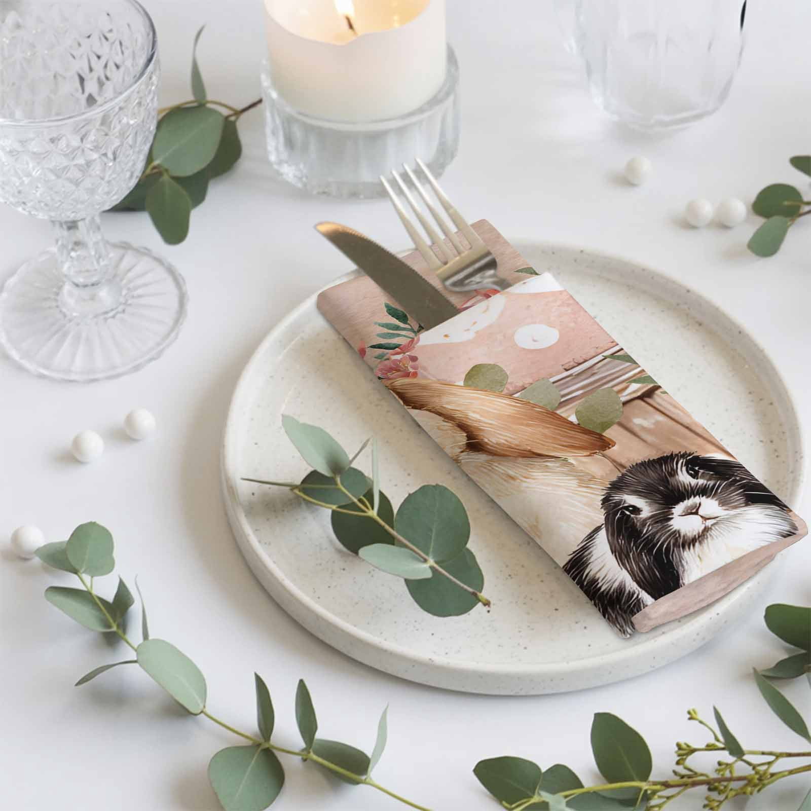 Easter Bunny Cloth Napkins, Eggs Green Leaves Rustic Flowers Cups Vintage Washable and Reusable Dinner Napkins Set of 8, Table Napkin for Kitchen Party Birthday Wedding Hotel Housewarming 20"x20"