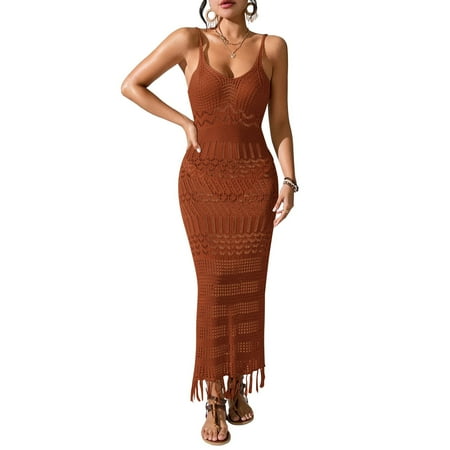 SWSMCLT Women s Cable Knit Spring Break Deep V Neck Cover Up Cami Bikini Cover Up Calf Length Beach Crochet Knit Curvy Brown Small