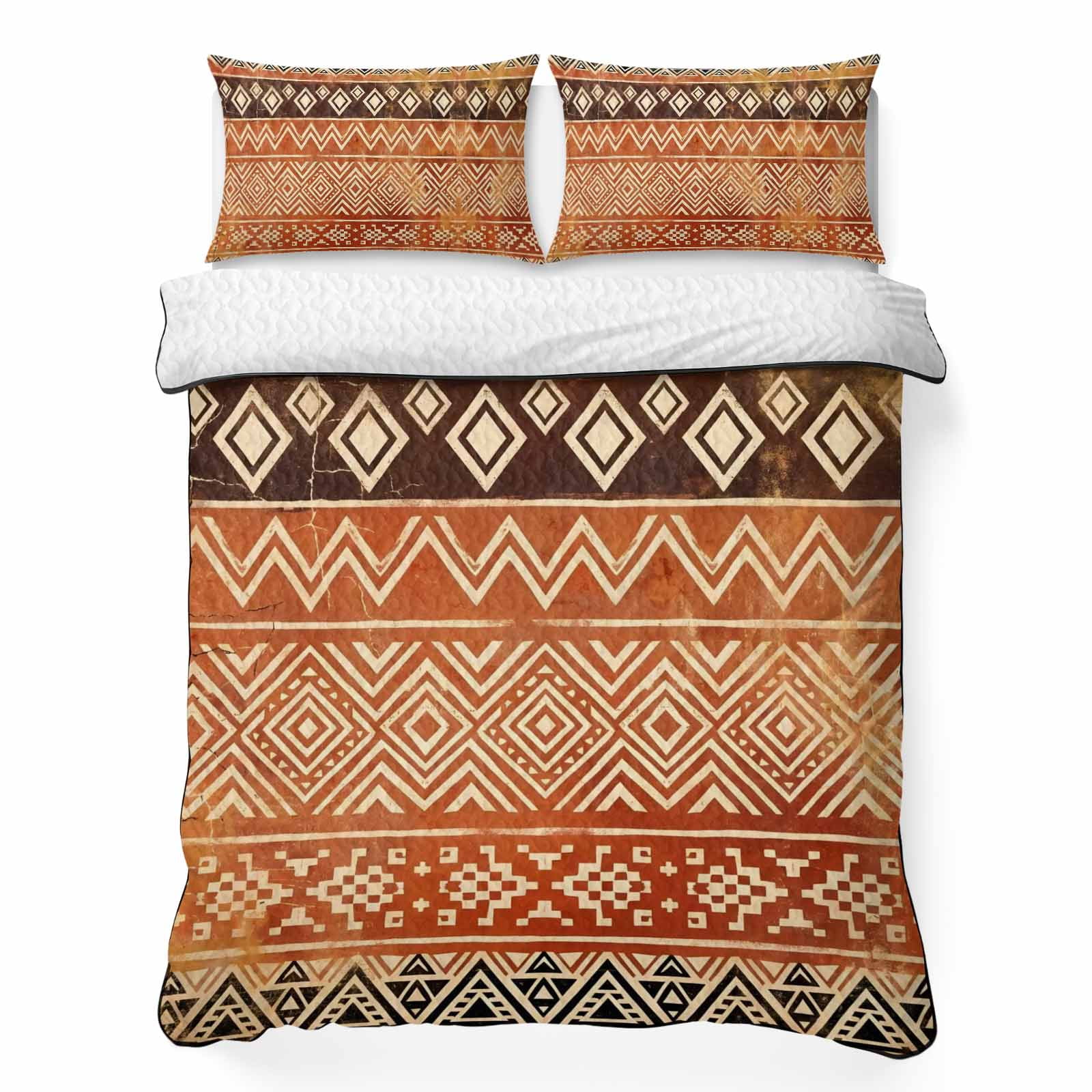 Boho Linear 3 Piece Quilt Bedding Set with 2 Pillow Shams Terracotta Brown Native Rustic Stripes Diamond Patterns Lightweight Bedspread Coverlet Soft Breathable All Season Quilt 68 x 98 Inch