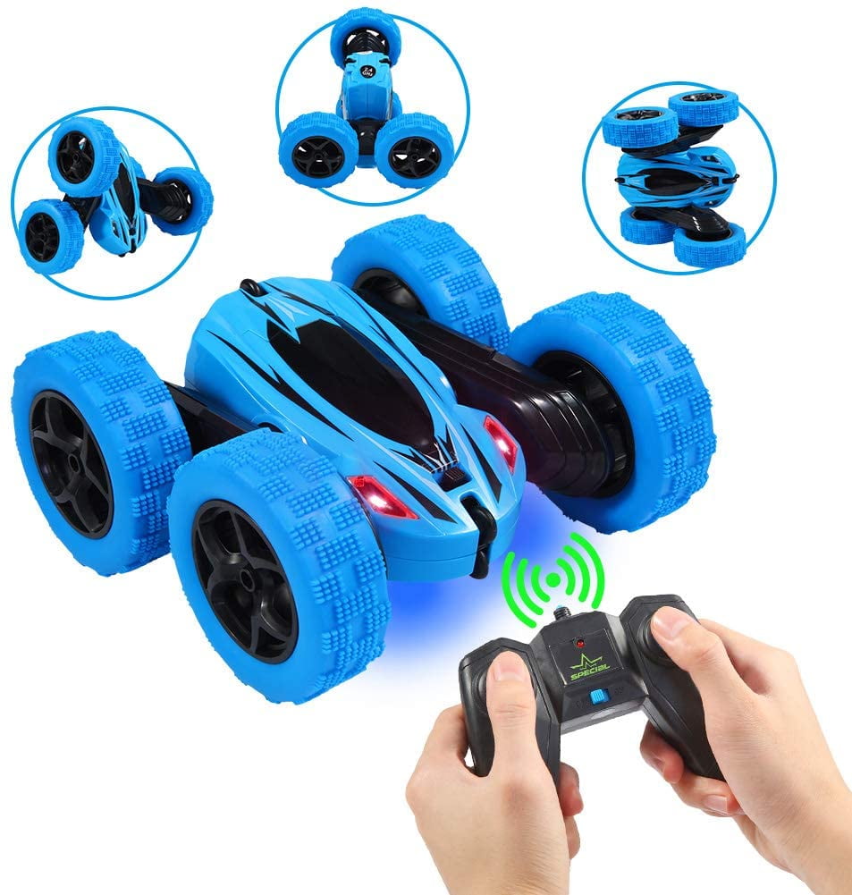 4WD 2.4 Ghz High Speed Electric RC Stunt Car 360° Double-Side Spinning & Tumbling Kids Toy Car for Boys and Girls Remote Control Car Green LED Headlight
