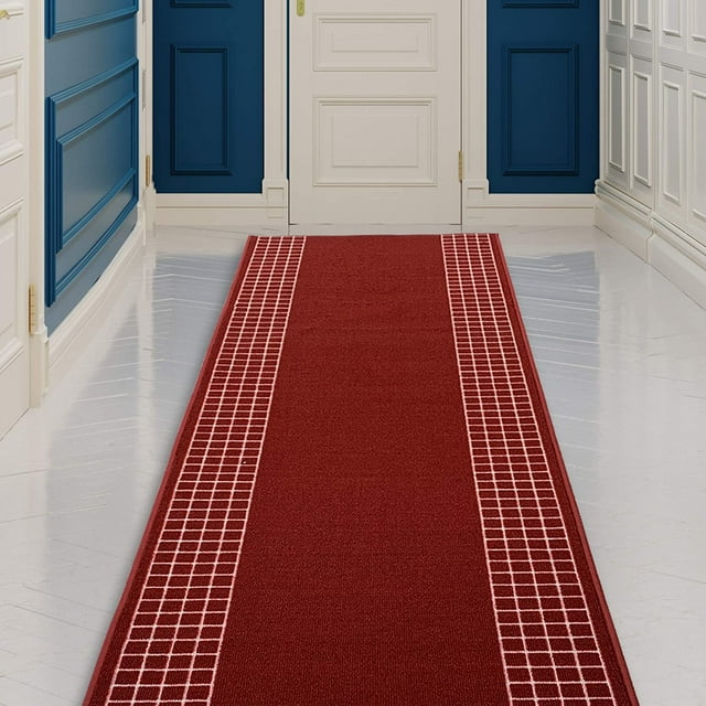Runner Rug for Hallway Checkered Bordered Red Color 26 Inch or 31 Inch Wide by Your Length Choice Slip Resistant Rubber Backing Stain Resistant Pile Stair Runner