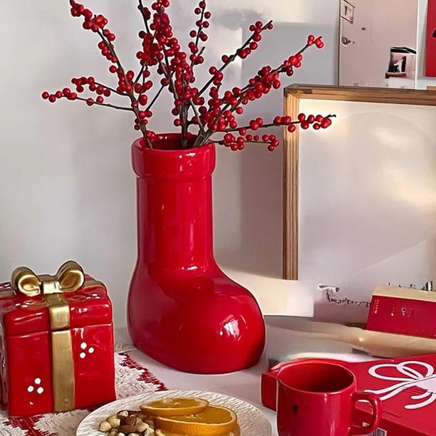 Jarrón de cerámica decorativo navideño con forma de bota, florero rojo y verde con forma de zapato, adorno de escritorio, decoración para el hogar y la oficina, suministros para fiestas.