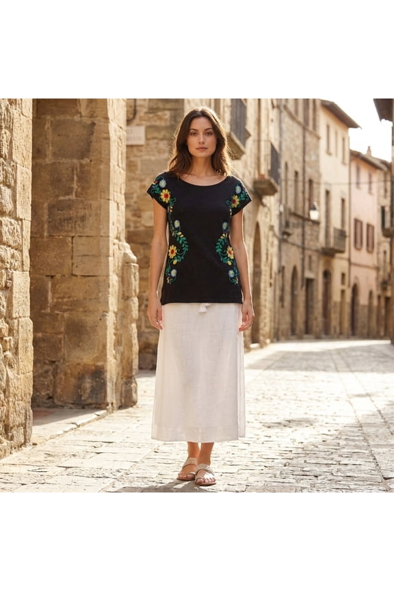 Women's Floral Embroidered Short Sleeve Top, Scoop Neck Linen Cotton Blouse