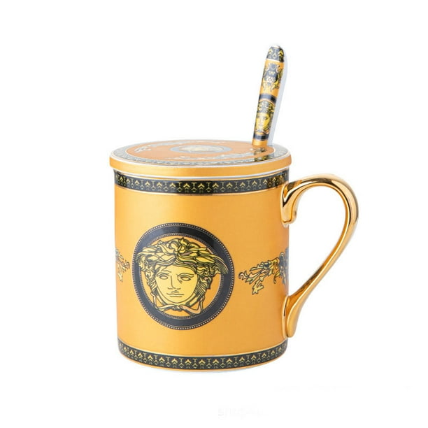 Taza de cerámica de lujo inspirada en Versace de 350 ml con tapa y cuchara