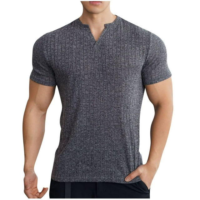 Men's Muscle T Shirts Stretch Short Sleeve V Neck Bodybuilding Workout Tee Shirts Slim Fit Ribbed Knit Shirt