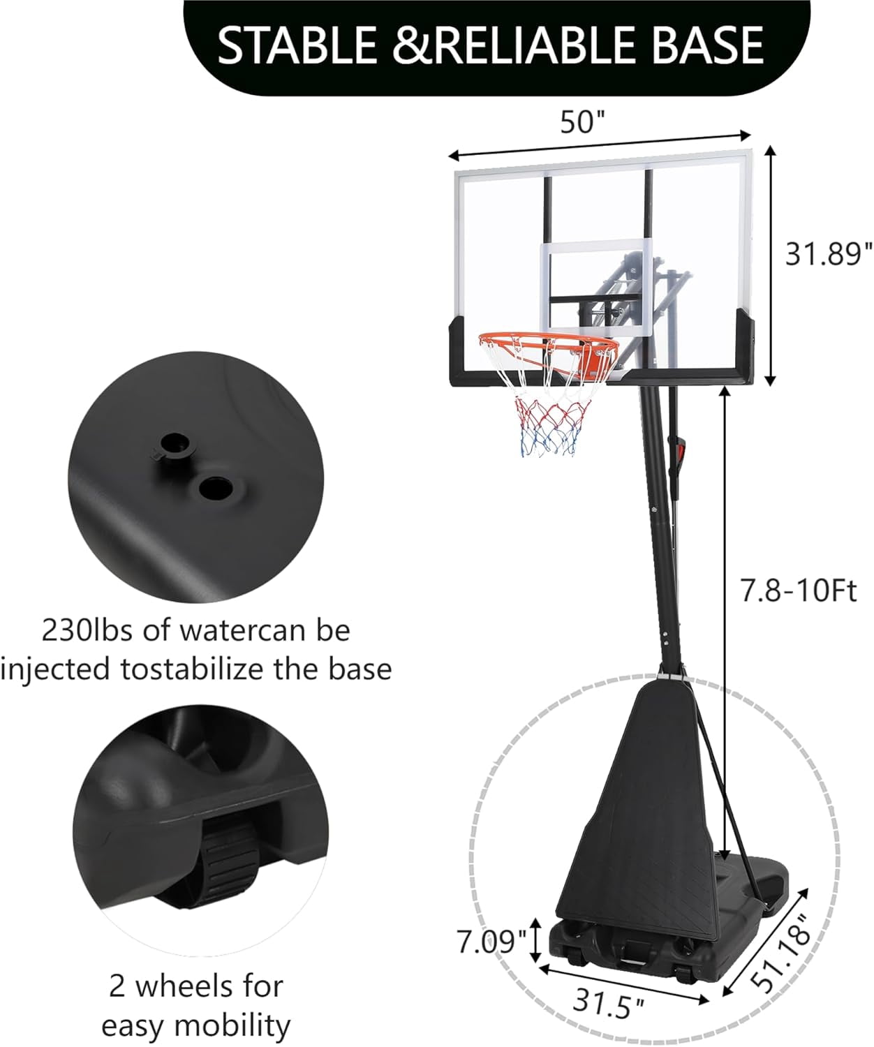 Lumiparty Basketball Hoop Outdoor 5.2-10Ft Portable, 47 Inch Shatterproof Backboard, Quick Adjustable Basketball Goal System for Adults in Swimming Pool Driveway Backyard, Black