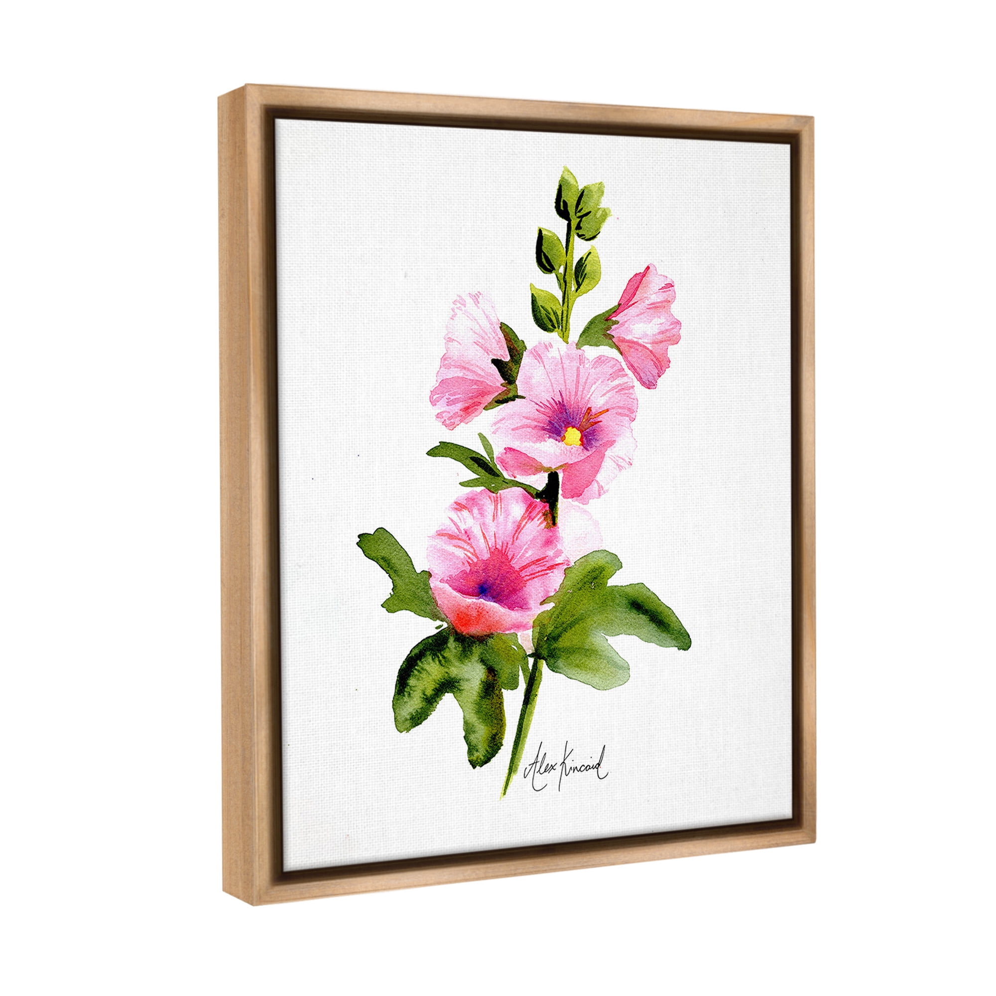 Stupell Industries Pink Hollyhock Blooms Botanical & Floral Painting Brown Floater Framed Canvas Art Print Wall Art, 17 x 21