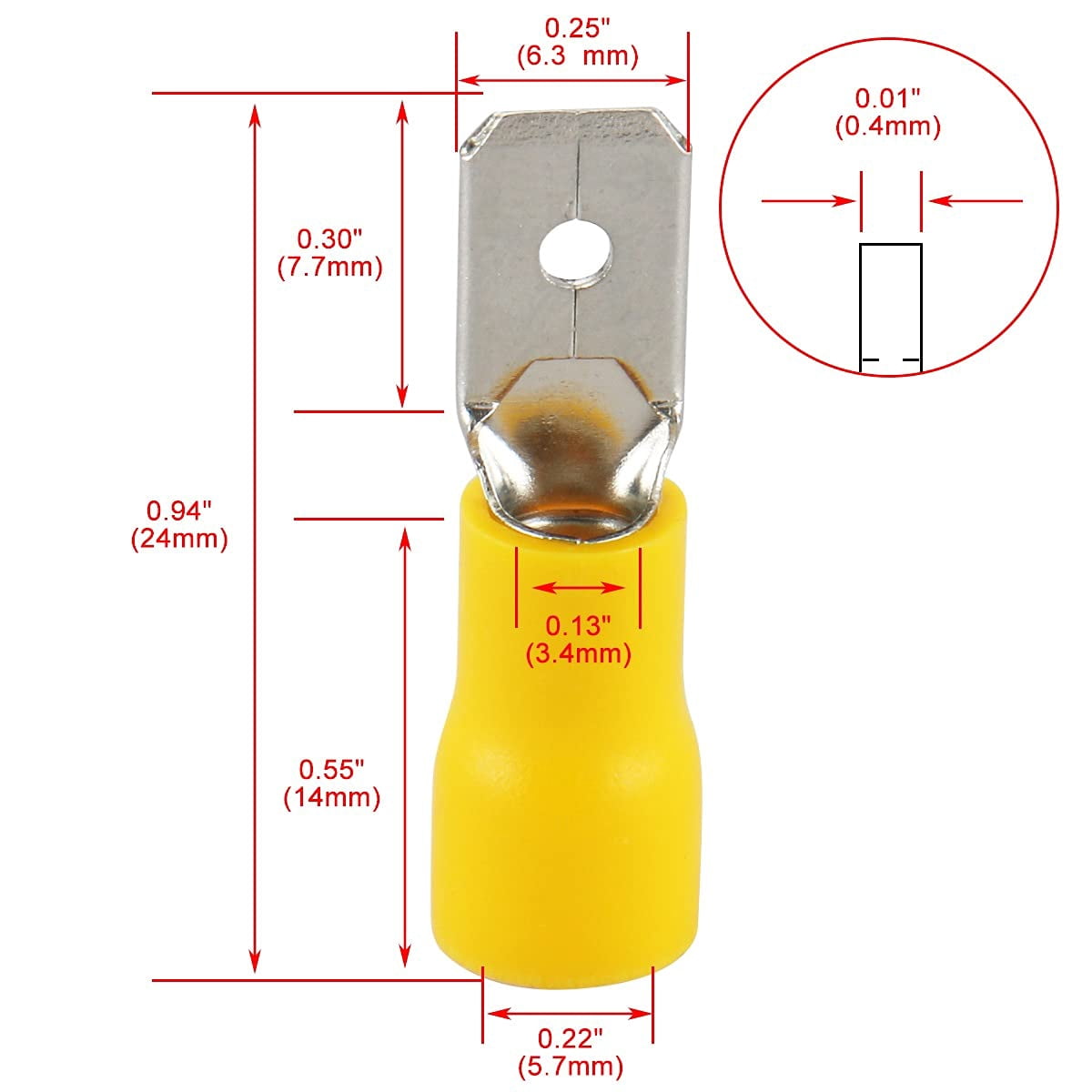 Baomeng 1/4 inch male quick connect terminal vinyl insulated fork wire connector electrical crimp terminals 12-106.3 yellow 100 pieces pack