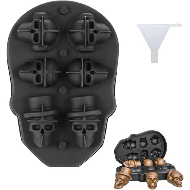 Molde de silicona con forma de calavera 3D para cubitos de hielo de Halloween con embudo de silicona para hielo, dulces, pasteles y jabón (gris)