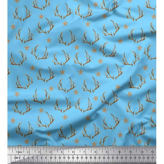 Soimoi Blue Viscose Chiffon Fabric Antler & Star Print Sewing Fabric Yard 42 Inch Wide