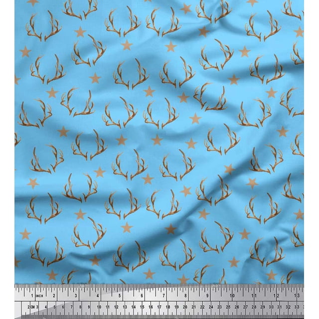 Soimoi Blue Poly Georgette Fabric Antler & Star Decor Fabric Printed Yard 42 Inch Wide