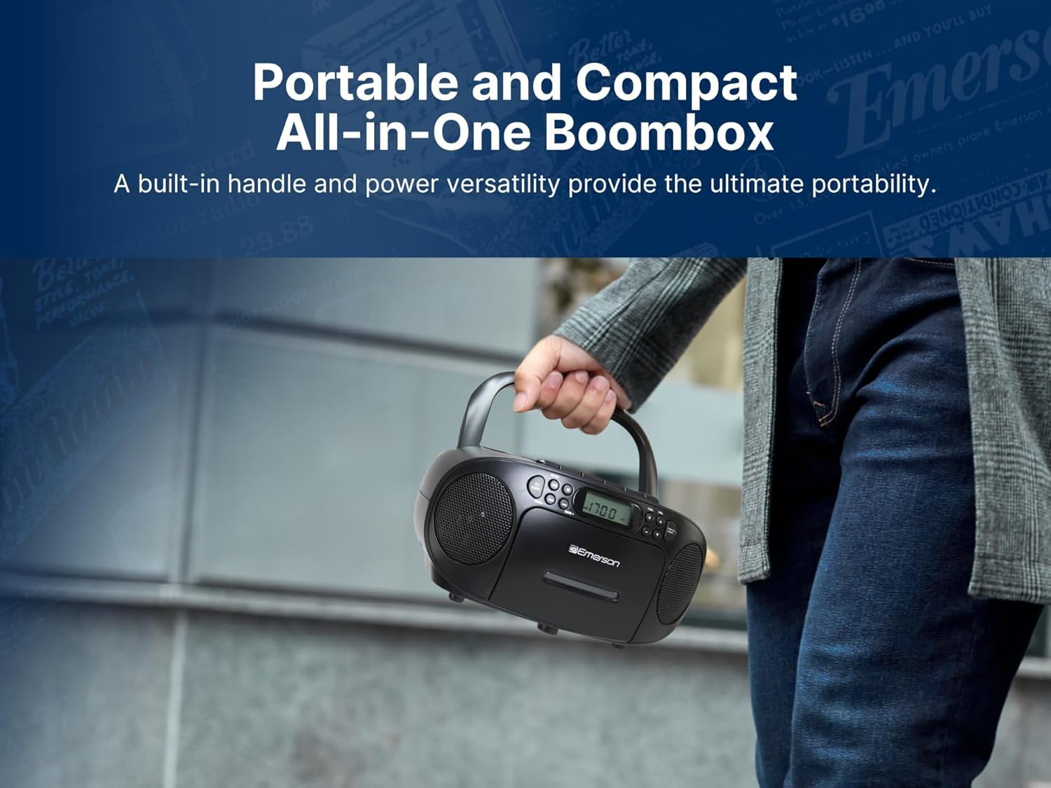 Emerson Portable CD Player Boombox with Cassette Player, AM/FM Radio, Tape Recorder, AUX, Headphone Jack, Dual Speakers, AC/DC & Battery Operated - Stereo System for Home, Indoor & Outdoor Use