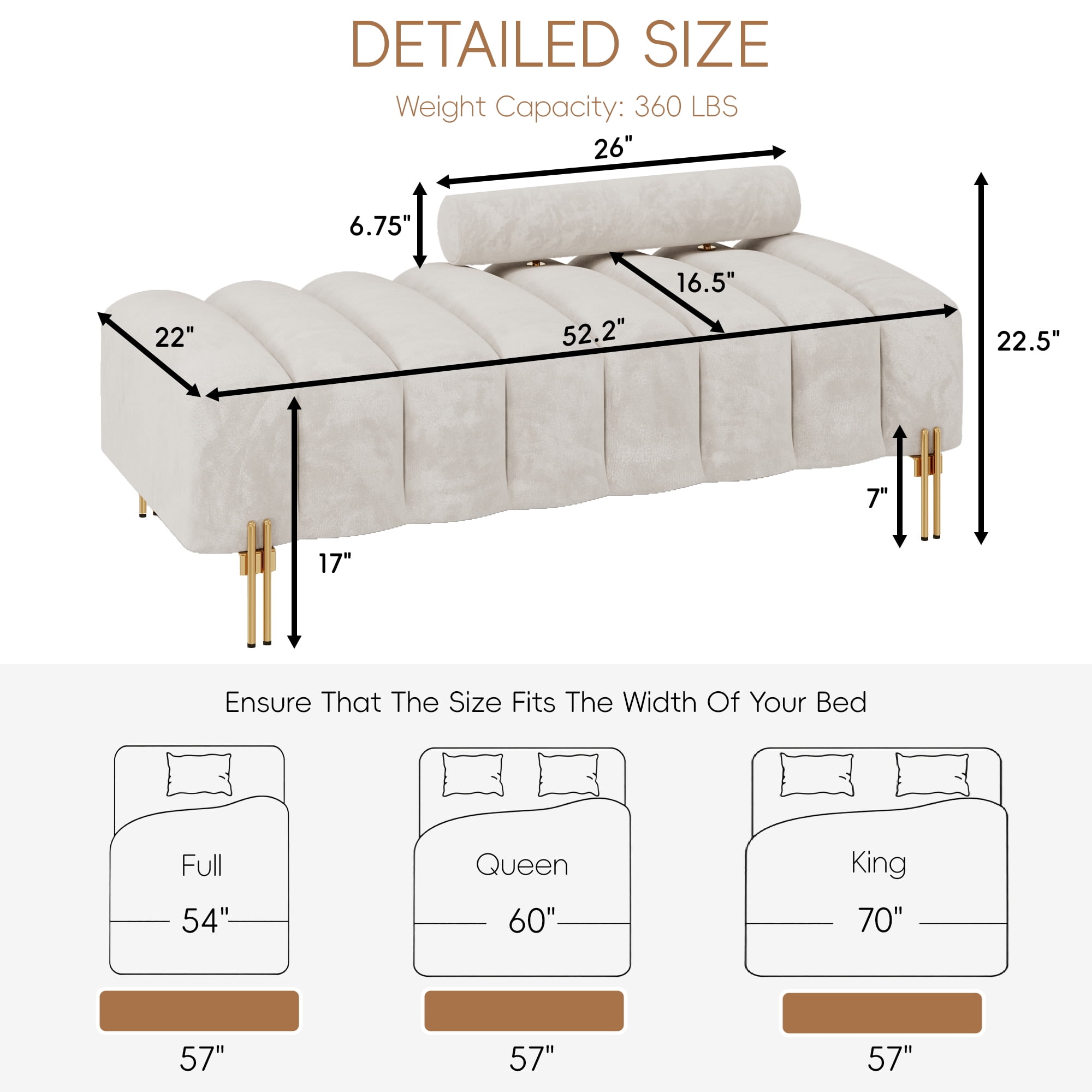 Wiilayok 52" Upholstered Velvet Ottoman Bench,End of Bed Bench with Gold Legs,Tufted Long Bench for Bedroom Living Room Foyer Indoor Entryway, Beige