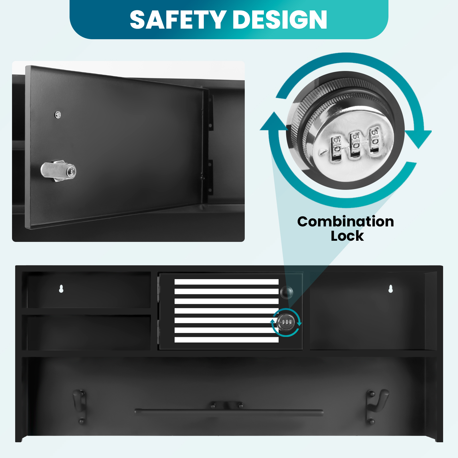 Heavy Duty Police Gear Rack Wall Mounted with Combination Lock & 3 Hooks, Tactical Duty Gear Organizer for Law Enforcement Equipment Storage