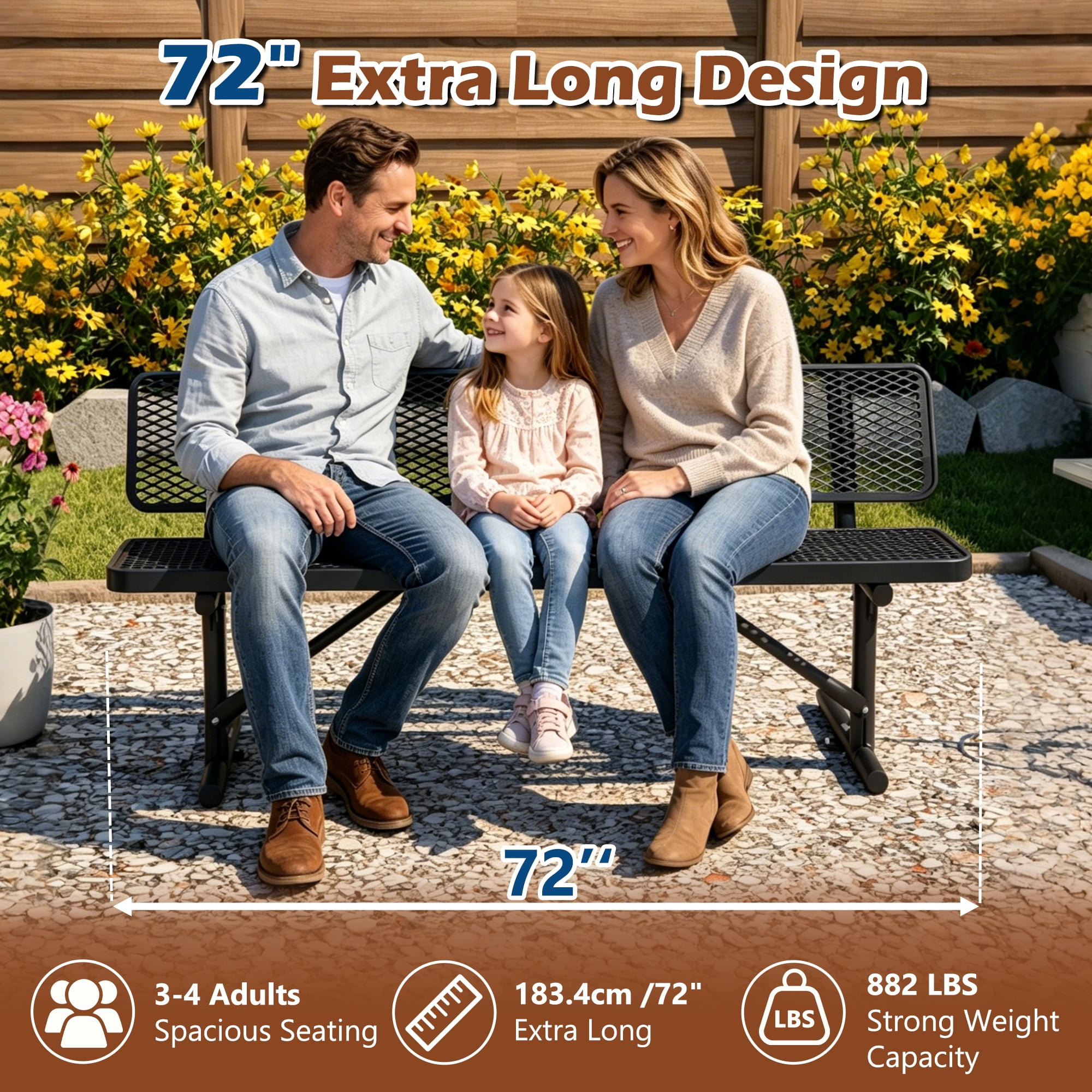 72" Outdoor Picnic Bench for 3-4 Person,All Weather Metal Outdoor Dining Chair for Garden,Patio,Park,School,Black