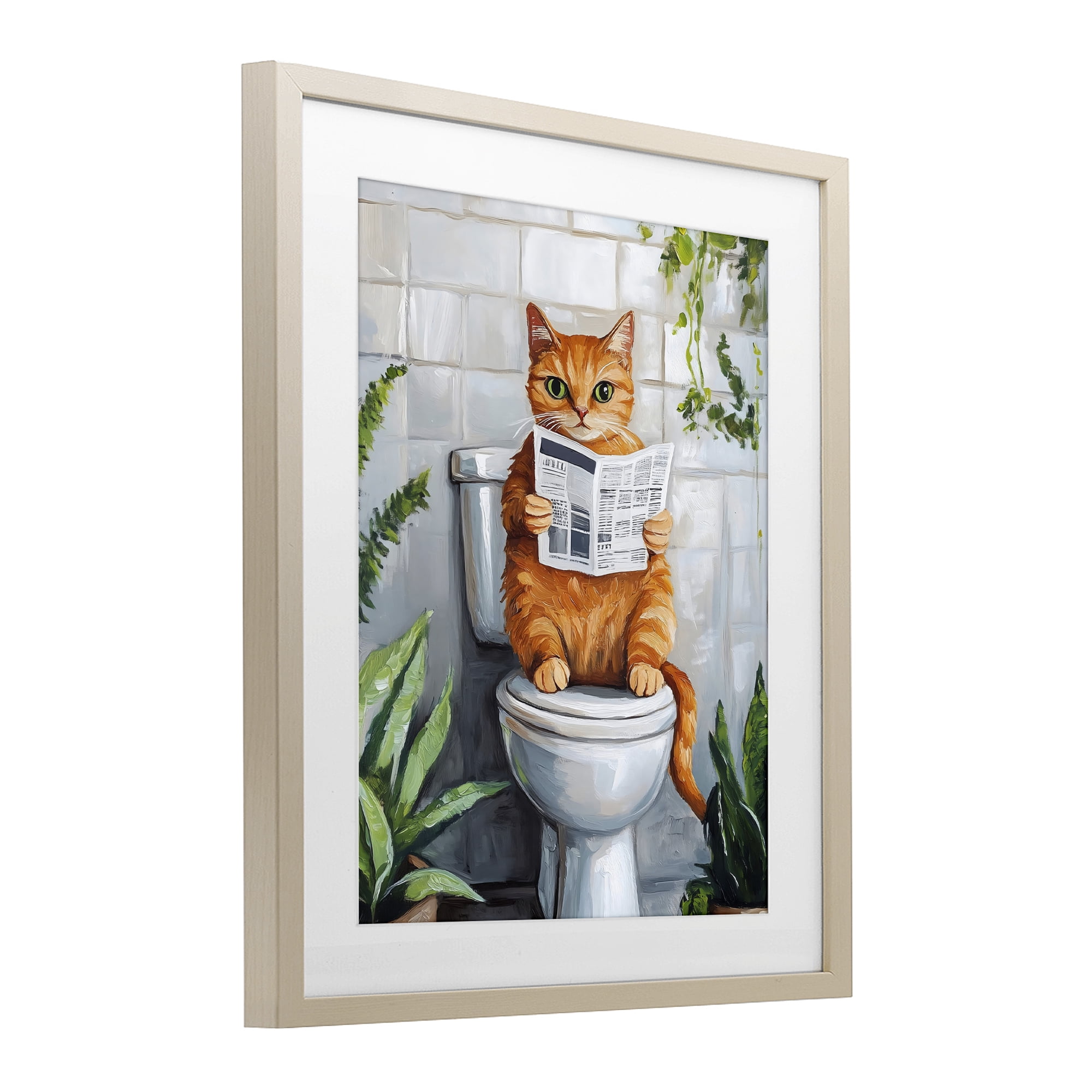 Stupell Industries Orange Cat Reading Paper Birch Framed Print Under Glass, design by The Prints Vibe