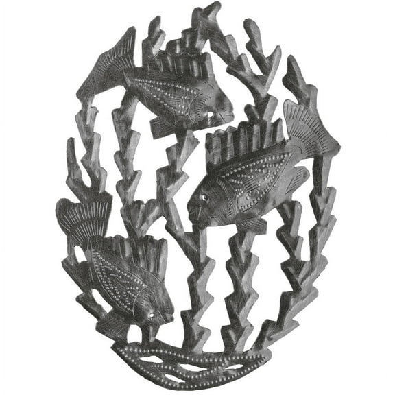 Haitian Recycled Steel Oil Drum, Metal Hanging Wall Art, 8" x 10" Fish Oval