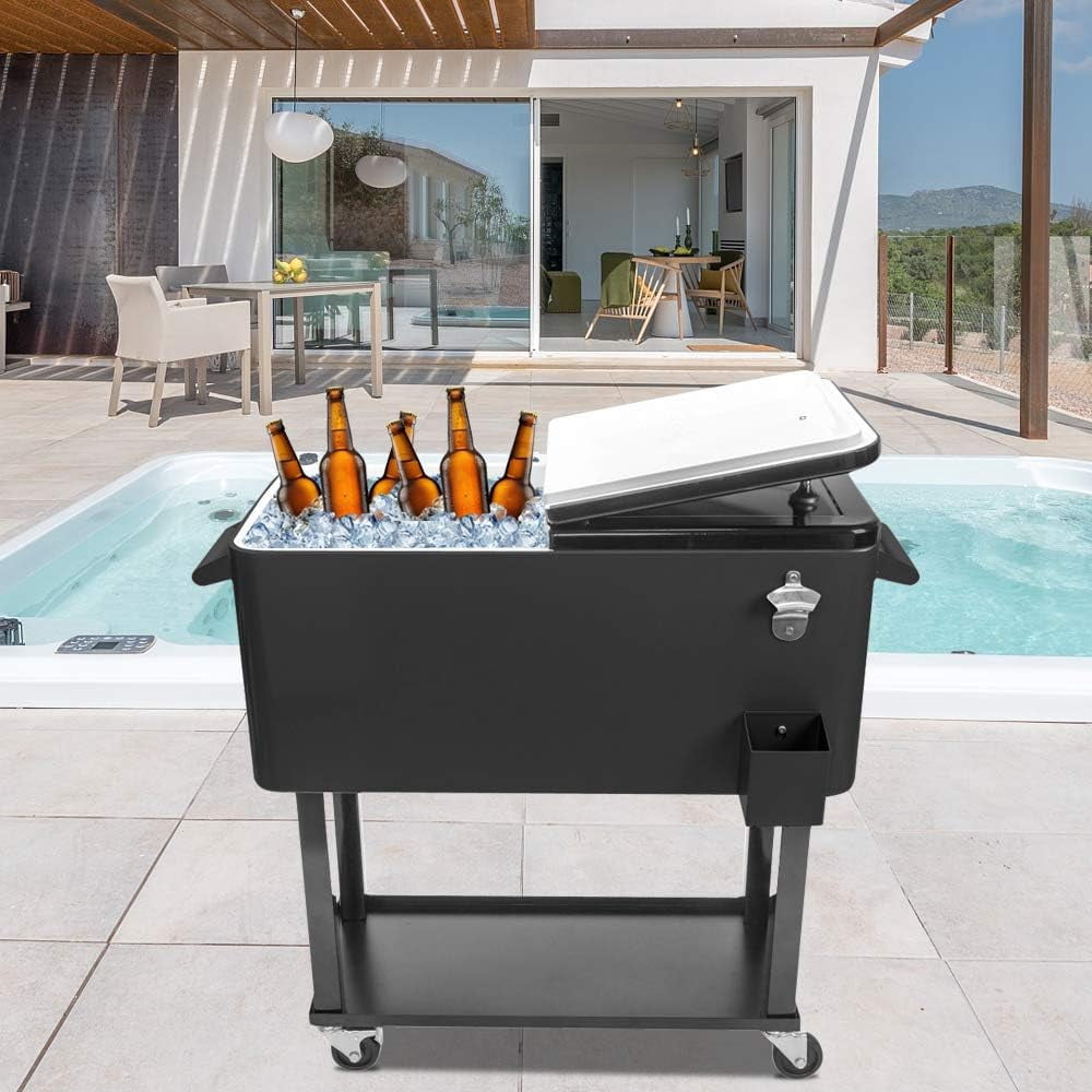 80 Quart Rolling Ice Chest, Portable Bar Drink Cooler with Catch Basin, Bottom Storage Tray and Bottle Opener for Patio Party BBQ Beach Activities