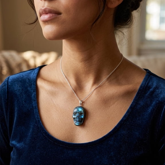 Xhegex Skull Flash Pendant - Intricate Labradorite Crystal Carving for Unique Style & Spiritual Benefits - Perfect Gift for Jewelry Lovers