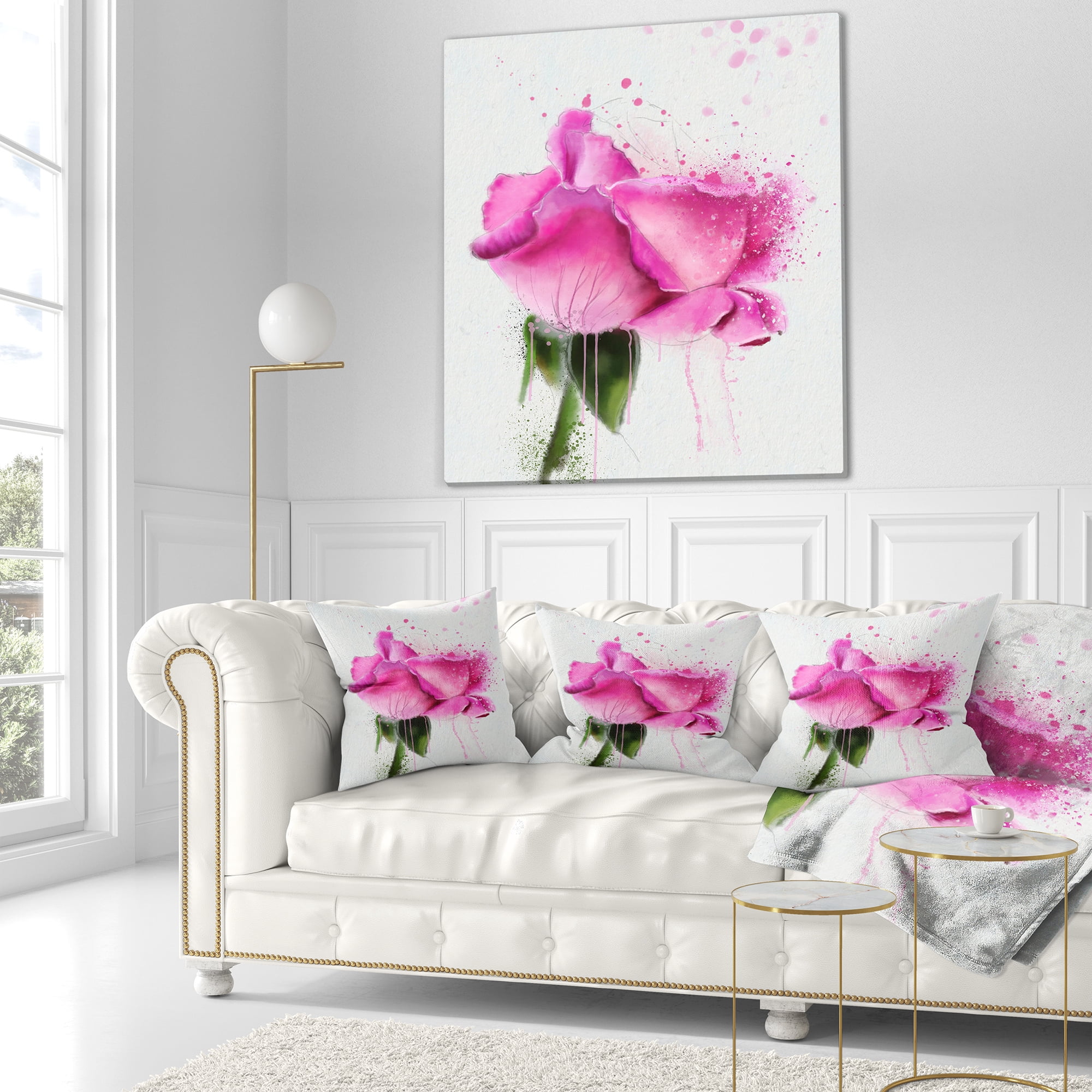 Designart Beautiful Pink Rose Watercolor - Floral Throw Pillow - 18x18
