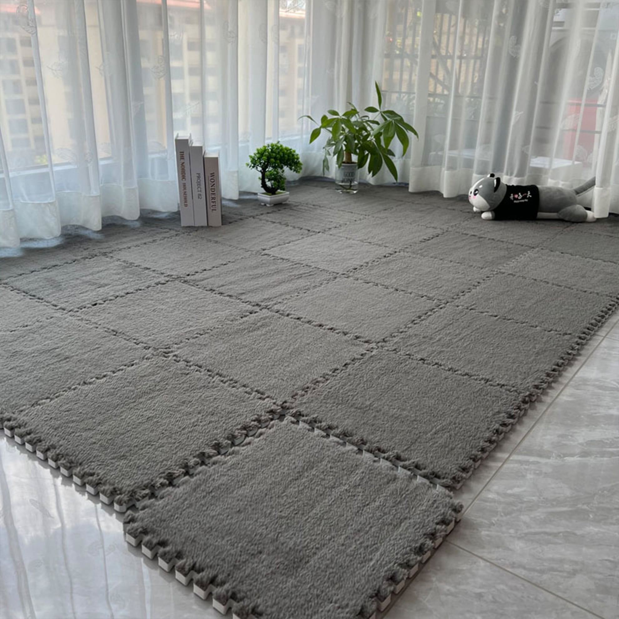 Interlocking Carpet Shaggy Soft EVA Foam Mats Fluffy Square Thickened Plush Tiles Protective Floor Tiles Exercise Play Mat for Children Kids Room Home Parlor Bedroom (Grey, 12 Pcs)