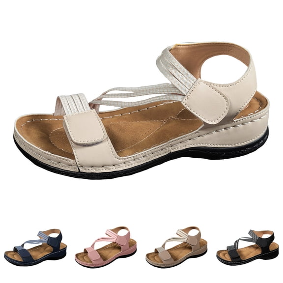 Modstep Women's Comfortable Walking Sandals Hook and Loops Strap Casual Summer Shoes Orthopedic Wedge Slides for Vacation size 10.5 Black