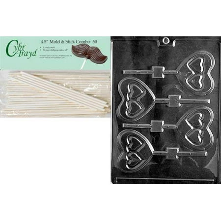 

Cybrtrayd 45St50-V031 Double Heart Lolly Valentine Chocolate Candy Mold with 50 4.5-Inch Lollipop Sticks