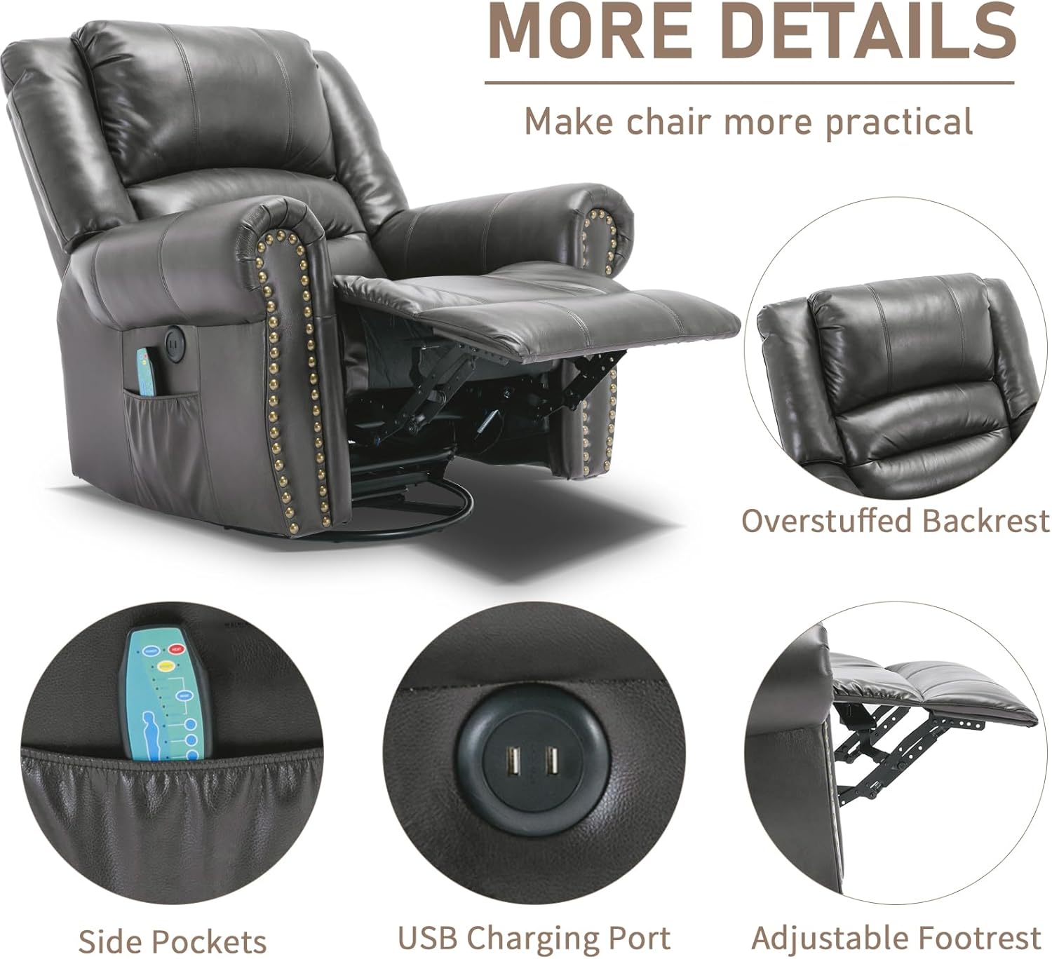 EPICOZY Manual Massage Swivel Rocker Recliner with Heat and Vibration, 360° Swivel Glider Rocking Recliner Chair, Classic Living Room Lounge Recliners with Side Pockets & USB Ports, Grey
