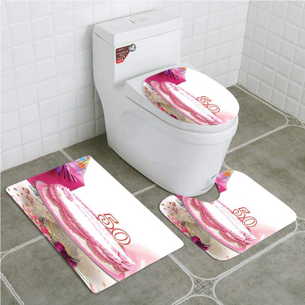 ABPHQTO 50.o cumpleaños delicioso pastel color dorado estrellas sombrero fiesta regalos Juego de alfombras de baño de 3 piezas Alfombra de baño Alfombra de contorno y tapa de inodoro