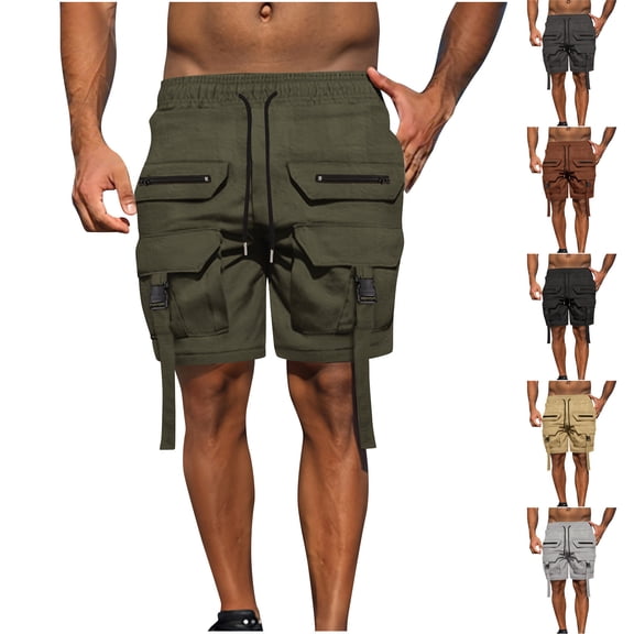 lcziwo Shorts Men with Multi Zipper Pockets Solid Color Casual Holiday Cargo Shorts Fishing Travel Elastic Waist Hiking Shorts Khaki XXL