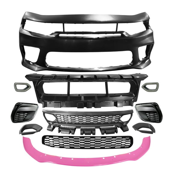 Ikon Motorsports Front Bumper Conversion W/ Pink Lip Compatible With 2015-2023 Dodge Charger Widebody Style Front Bumper Cover & SRT Style Upper Lower Grille W/ Light & Foglight Covers