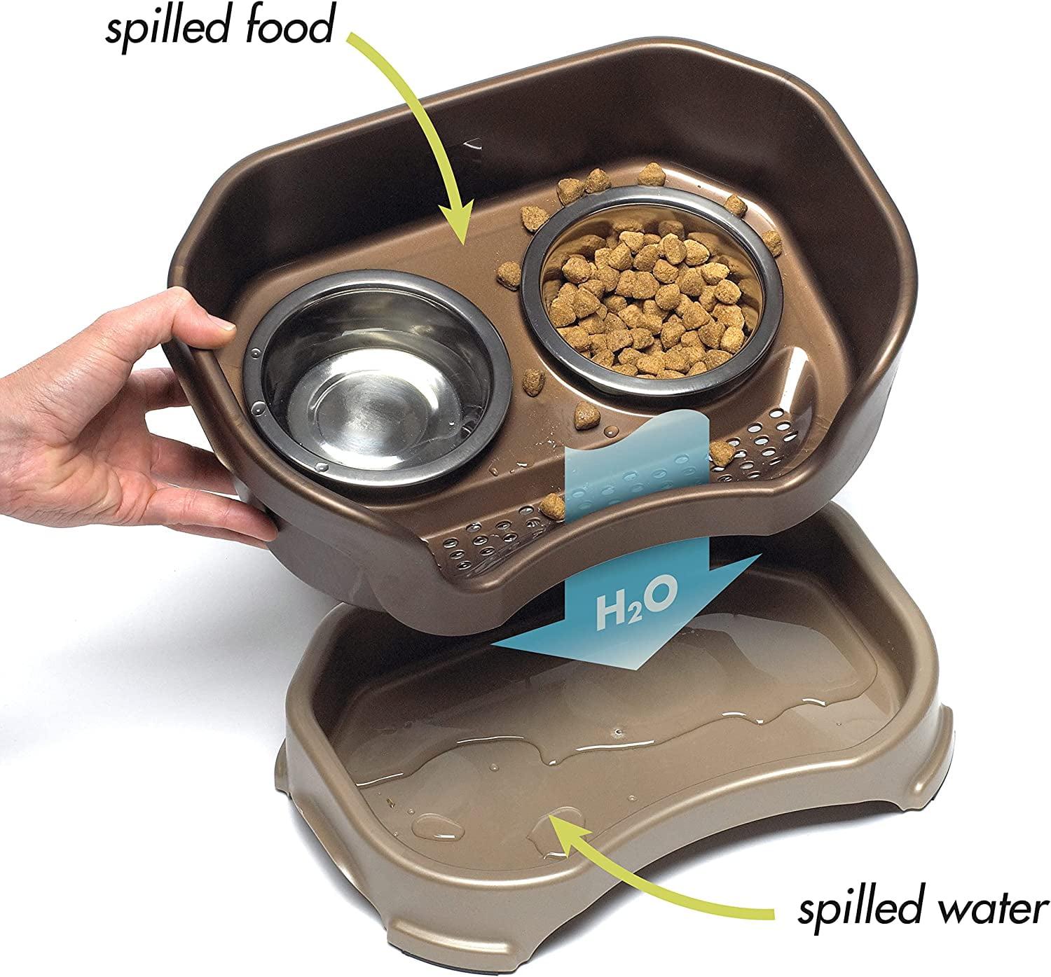 Mess Proof Dog Bowls Elevated for Large Dogs Over 40 lbs, No Spill Raised Dog Food Bowl Stand Feeding Station, Food and Water Bowl Set, Bronze