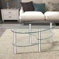 thumbnail image 3 of Giantex Tempered Glass Coffee Table, Oval 3-Tier Steel Tea Table w/Spacious Glass Desk-Top, Open Storage Shelf, Modern End Side Table for Home Living Room Office Reception (Clear Glass), 3 of 8