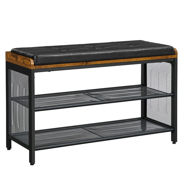 VASAGLE Banc à Chaussures, Banc de Rangement Rembourré avec Étagère en Maille, Étagère à Chaussures pour Couloir, Brun Rustique