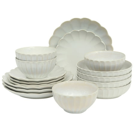 gibson elite malibu shore 32 piece scallop stoneware reactive glaze (service for 4) ceramic plates and bowls dinnerware set - shiny cream white