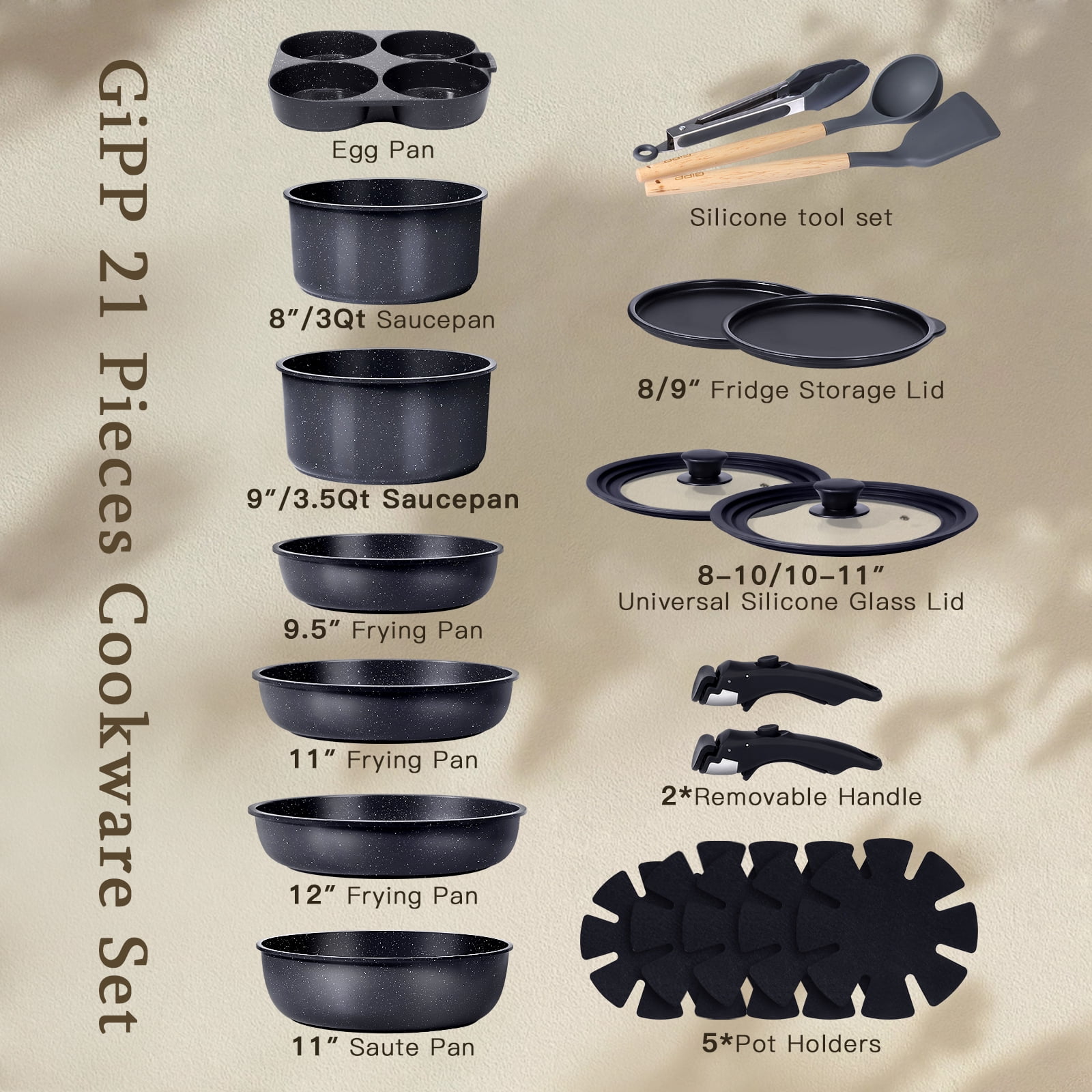 Gipp Large Size 21 Piece Ceramic Pots and Pans Set Non Stick,with 12 inch Frying Pan,Cookware Set with Detachable Handles, Safe for Ovens and Dishwashers,Induction Cookers RV Kitchen