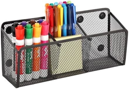 Tekola Magnetic Pencil Holder - Extra Strong Magnets Mesh Marker Holder Perfect for Whiteboard, Refrigerator and Locker Accessories (3 Baskets, 1 Pack Black)