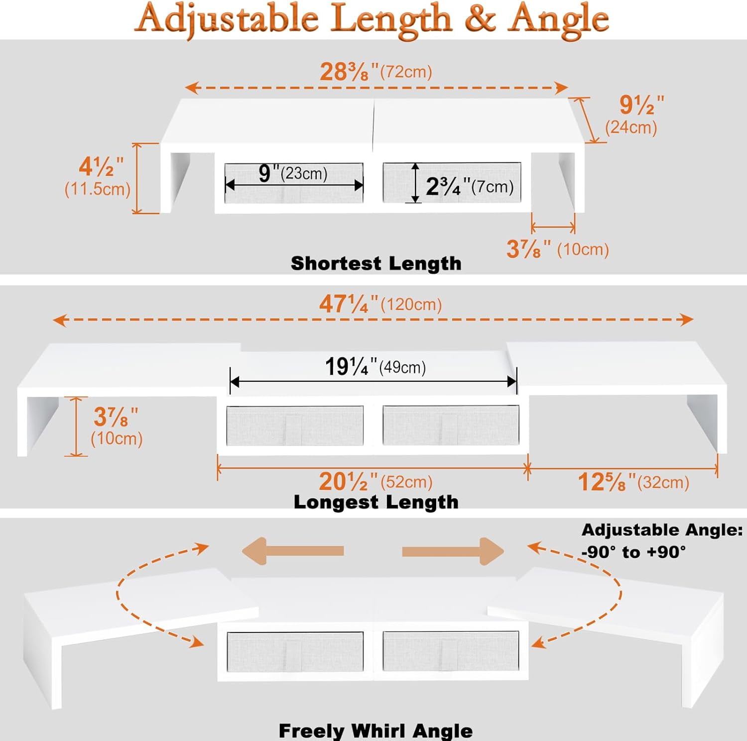 Wood Dual Monitor Stand Riser with Drawers-Length and Angle Adjustable Triple Monitor Stand with Storage Large Computer Riser for 2/3 Monitors/Laptops/PC/Printers