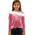 thumbnail image 3 of qolati Girls Shirts Dressy Casual Faux Furs Trim Cold Shoulder Velvet Tunic Tops Elegant Preppy Long Sleeve Blouses Kids 4-14 Years, 3 of 8