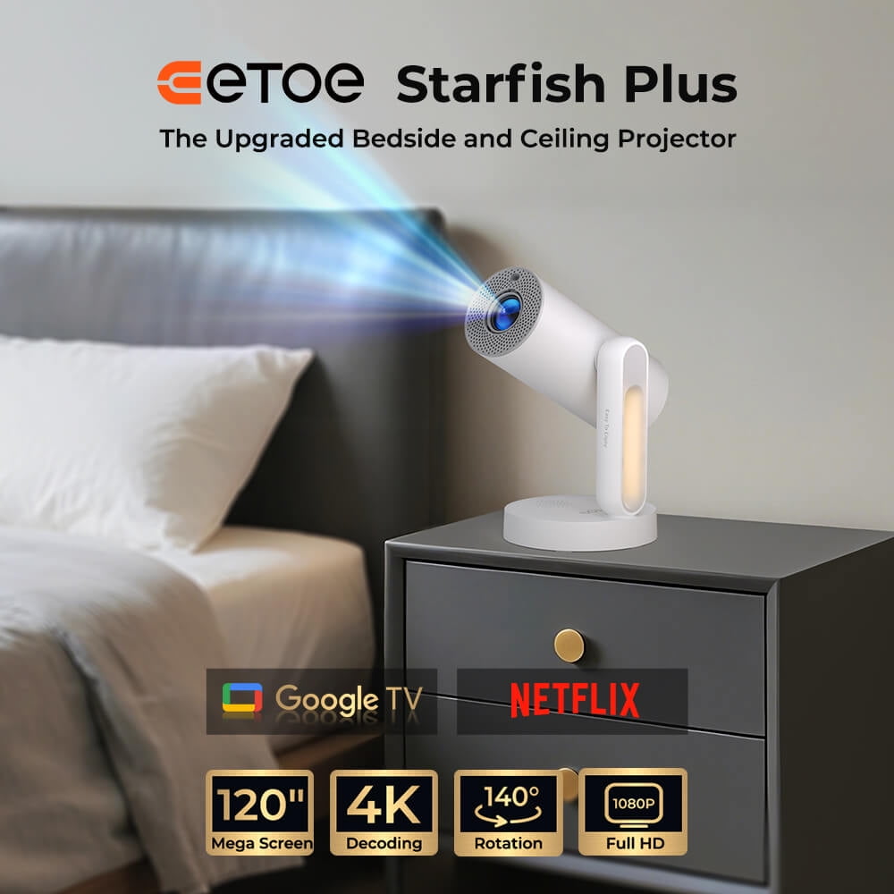 4K Projector with Built-in Google TV, 140° Rotation, Touch Night Light & Auto Keystone Correction – Perfect for Home and Outdoor Use ETOE Starfish Plus