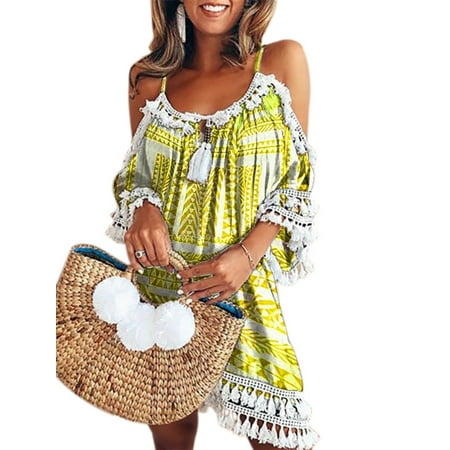 Summer Tassel - Tassel Dress for Women Summer Holiday Casual Loose Beachwear Halter Crew Neck Swimwear Bikini Cover Up Beach Dresses Tops