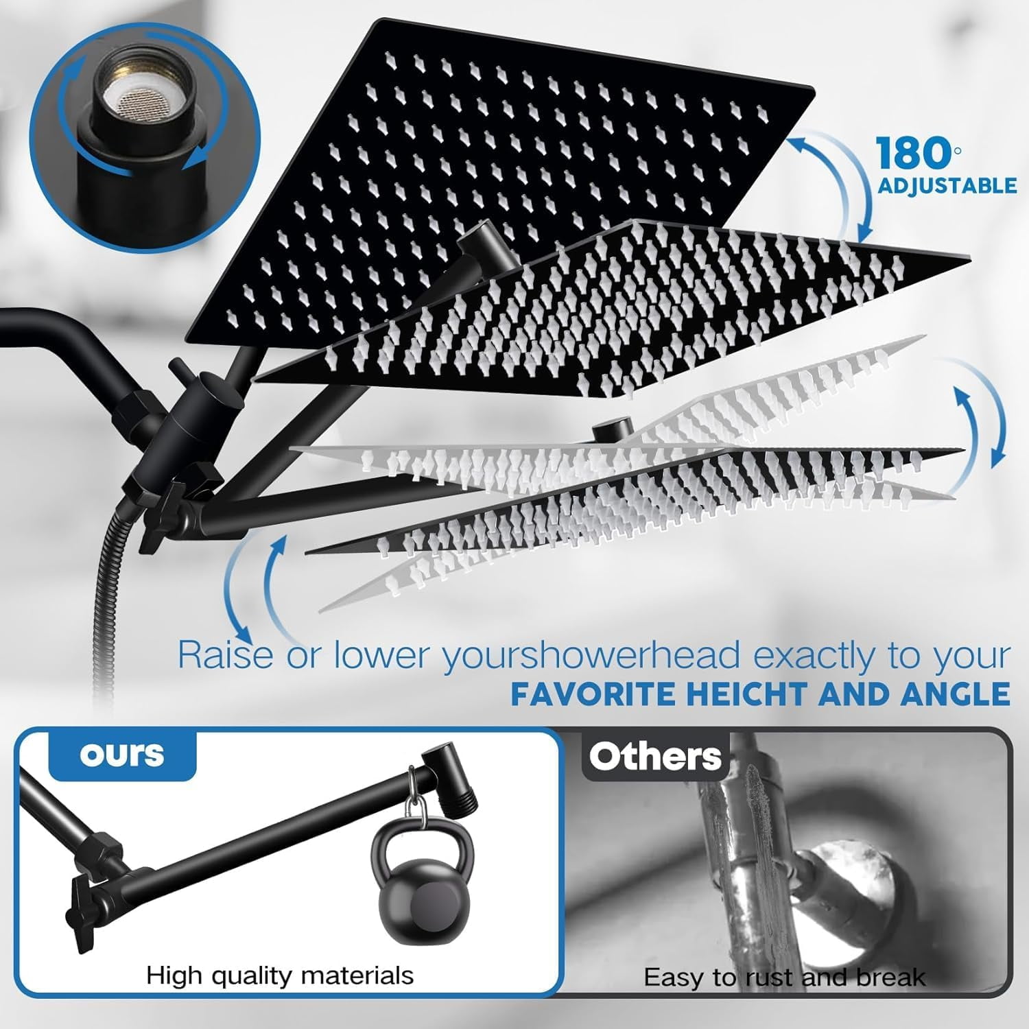 Shower Head, Rain Shower Head with Handheld Spray Combo, 12Inch Adjustable High Pressure Rainfall Shower Head, Dual Showerhead Set with Extension Arm