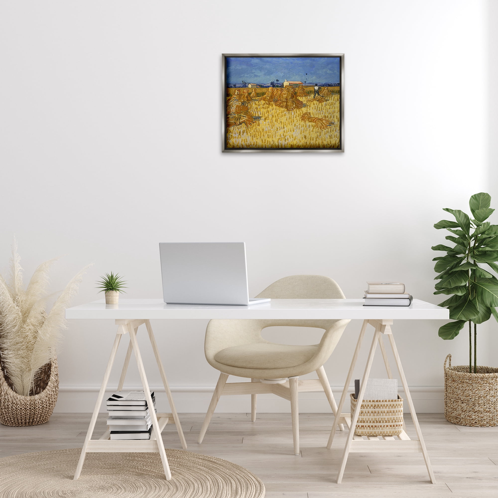 Stupell Industries Van Gogh Corn Harvest Landscape & Nature Painting Gray Floater Framed Canvas Art Print Wall Art, 21 x 17