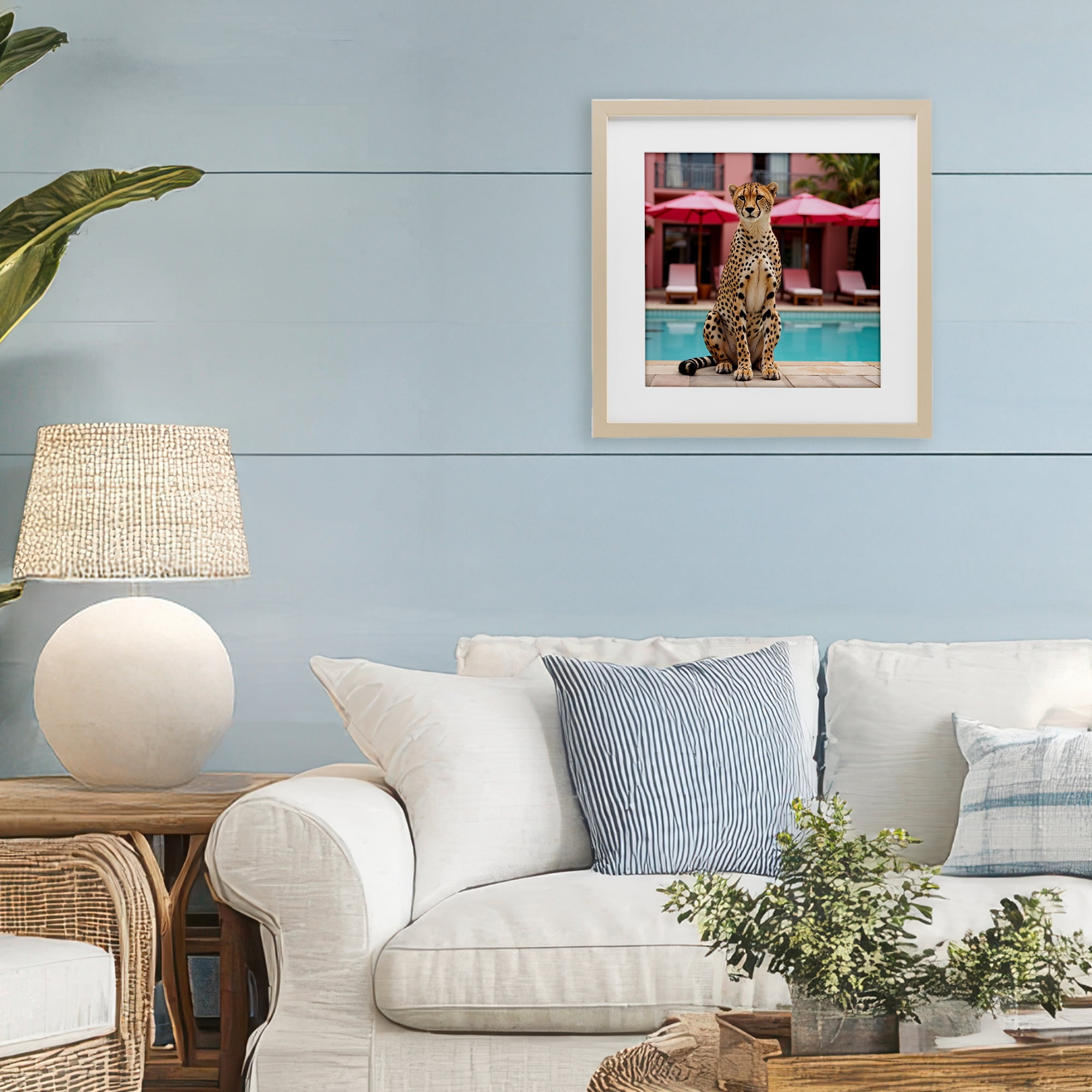 Cheetah Posed at Poolside Birch Framed Print Under Glass, design by Lettered and Lined