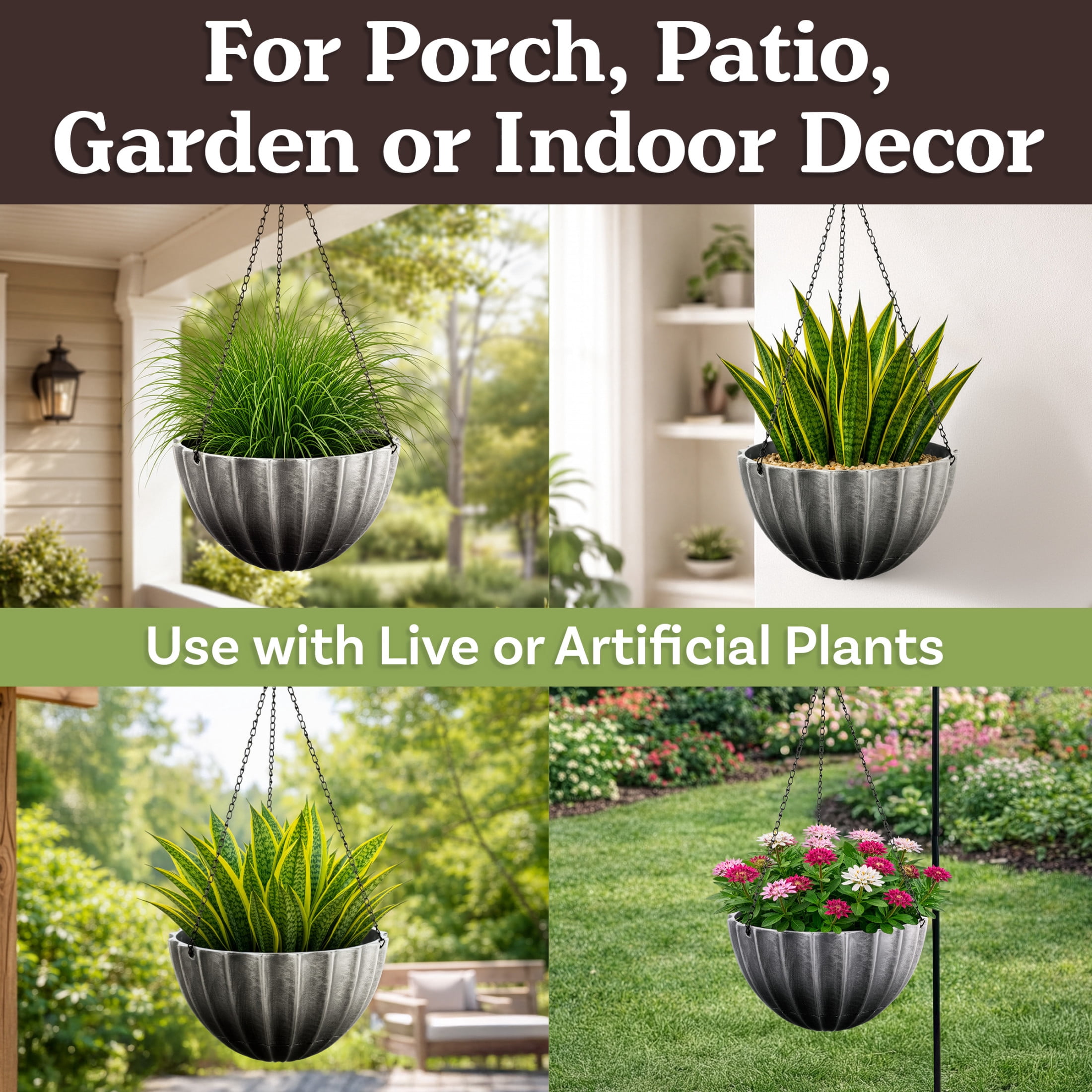Pure Garden 12.5in Durable Plastic Hanging Planter 2-Pack with Drainage Reservoir, Gray