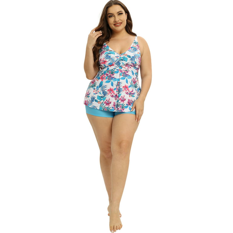 Women Plus Size 2 Piece Swimsuit,Backless Tummy Control Ruched Bathing Suit  with Front Cover-up,Deep V Neck Tankini Swimwear for Women Curvy Sizing  Floral Printed Oversized Swimming Suits,M-2XL 