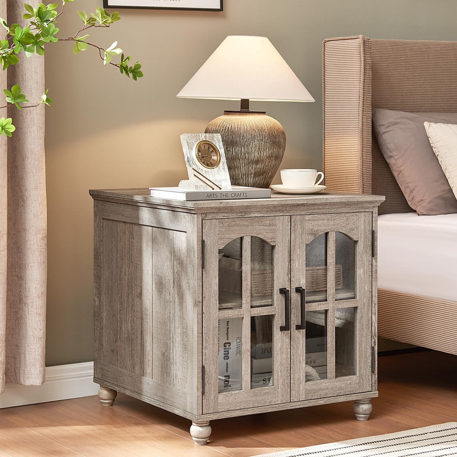 Buildhom Farmhouse End Table with Charging Station, 24" Wide Nightstand with Glass Barn Door and Adjustable Shelf for Living Room, Grey